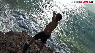 Hot slut bends on the rocks as she gets fucked to mouth cumshot