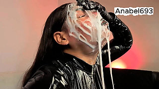 A Demon Dressed in Latex, Latex Gloves, a Latex Suit, and Black Lips, Sensually Sucks Your Cock and Spits Saliva and Semen on Me