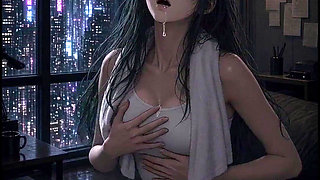 Anime Green-haired Cyberpunk Rain Window Fuck