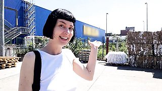 Black haired Delfine flashes her hairy pussy and plays in a store aisle