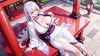 Silver-haired Miko Shrine Secrets! Half-unbuckled White Kimono, Getting down on all fours Poses and Mighty Eye Contact.