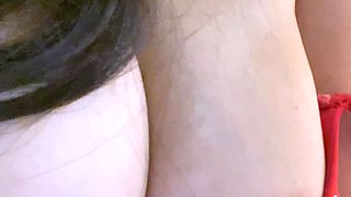 Busty curly brunette with big boobs fucks on couch
