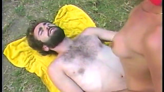 Hairy stud fucks brunette hotties warm wet mouth with his hard cock