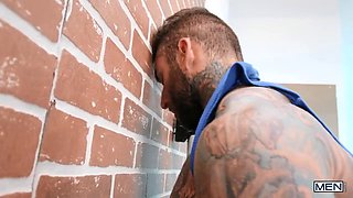 Inked blonde tries glory hole fun with a random gay slut