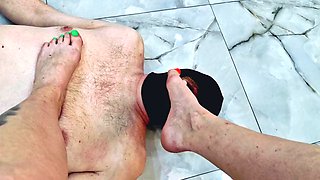 Dominatrix Nika Teases Slave with Black Stockings and Feet in Femdom Foot Fetish Before Allowing Her to Pe