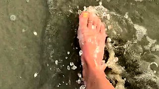 Busty brunette foot fetish and footjob in nylons