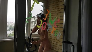 Naked MILF on Exercise Bike, Solo Webcam Footjob