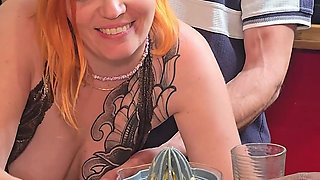 Sexy Barmaid Gets Fucked and Gangbanged in the Kitchen by 6 Juice Hungry Guys