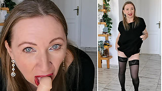 Hot Busty MILF Teasing in Black Stockings and High Heels Shoes and Do Blowjob