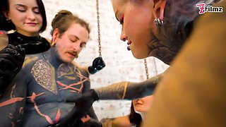 Three aggressive spandex princesses ruin tattooed victim with deep sounding & urethral fingering