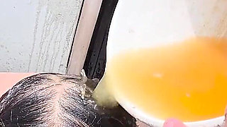 Anal Destruction Inside the House and Total Humiliation with a Bucket Full of Piss Outside the House.