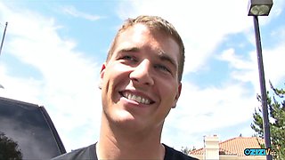Dude Rams Thick Cock into Brunette Jumper Cables Mouth