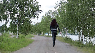 Walking in full leather outfit and heels.