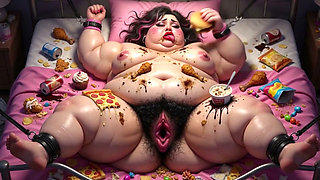 Obese BBW in Bondage Surrounded by Food - Begging for Huge Dick Inside Her