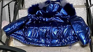 Dominant MILF Fur Hooded Downjacket Masturbation. Spandex Cameltoe, Smoking and Orgasm