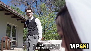The bride gives outdoor oral in pearl beads
