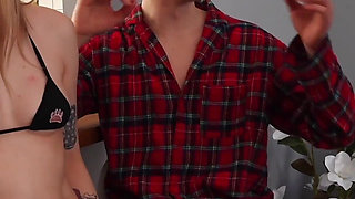 Behind the Scenes! Cute Funky Town in Hard Double Fucking on the Set of Porn with Her Stepbrothers!