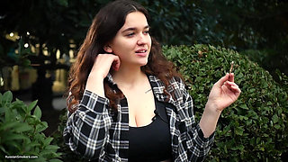 Sweet and Busty Russian Babe Smoking Cigarette in Nature