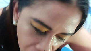 Big Natural Tits Wife Giving a Slow and Close up Blowjob