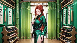 Red Hair & Emerald Qipao! Lazy Seduction in the Eastern Courtyard