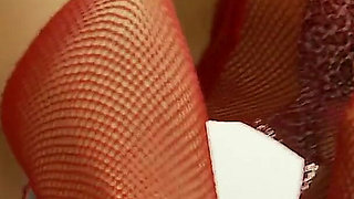 Dirty brunette in fishnets gets banged by a dick through a glory hole after sucking it