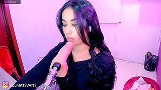 Sexy Asian Girl Deepthroating Pink Dildo Machine in Purple Room