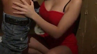 Hot girl in red dress seduces guy with huge cock into anal fucking