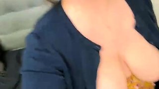 Busty curly brunette with big boobs fucks on couch