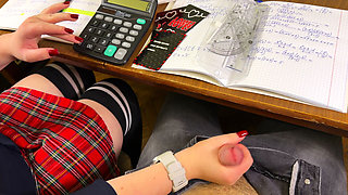High Schoolgirl Stroking Him off in Math Class Under the Table. at College