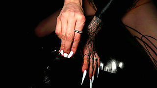Femdom Mistress Long Nails Makes Her Caged Slave Lick Her New White Nails And Spits In His Mouth