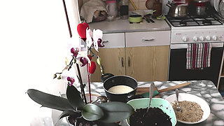 Two girls Old adult mature MILF and young girl virgin in sexy T shirt without panties bra in kitchen kissing. Lesbians Nudists