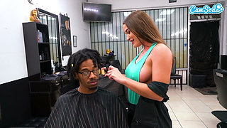 Busty Hairdresser Gives Oiled Interracial Handjob Then Takes Cum in Her Panties