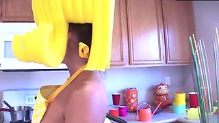 Female adult with yam-sized tits masturbates in kitchen