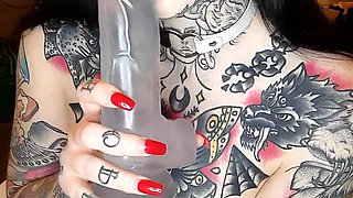 Hot Tattooed Goth Maid Fucks Dildo Hard