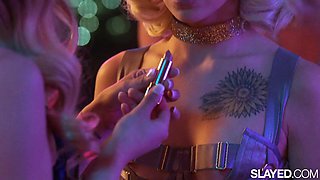 Hot asian girl gets her pussy fucked by her blonde bestie with a strap-on