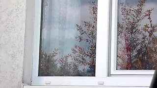 Public bareness Bare in public. Cab driver observing a warm beautiful dame Cougar which in bathrobe g-string-less and brassiere tidy kitchen window Outdoors Outside Boobies Meaty all-natural bra-stuffers Wooly twat Ash-blonde Voyeur