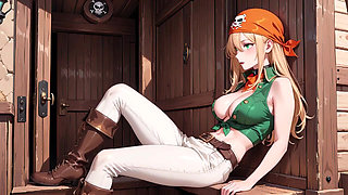 Blonde Pirate Captain! Green Uniform & Rough Ropes on a Sunny Deck. Languid Poses, Long Legs Exposed, and That Teasing Gaze