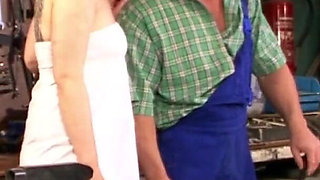 Horny German secretary goes to the workshop and fucks the boss