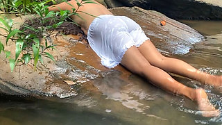 A Young Man Arrives While a Slim Sri Lankan Woman with Naturally Large Breasts Is Bathing and Fuck Her Right There in the Water