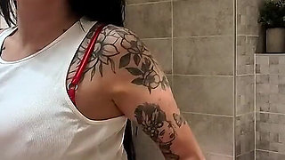 Beautiful Brunette with Big Tits in the Bathroom Takes Her Red Satin Thong to Flash Her Tight Meaty Pussy and Naked Ass