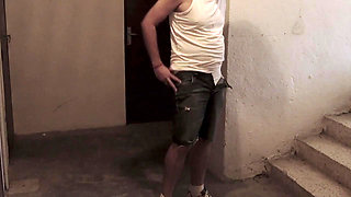 Hairy trucker with belly jerks off his small cock and cums