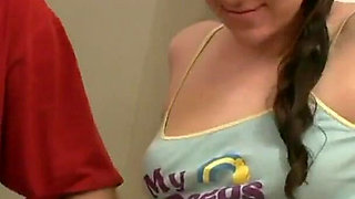 Kristen sucks and swallows in front of a camera
