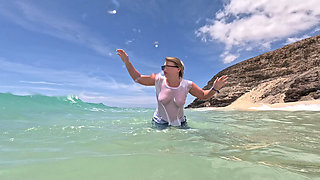 Girl Wetting Jeans in the Ocean and Swimming in Wet White T-shirt