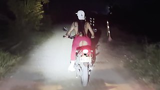 Hot Latina Motorcycle babe in bodysuit rides a dildo while riding a bike in public