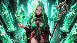 Under the Ethereal Blue Glow of a Gothic Cathedral, She Kneels with Her Staff, Eyes Locked on You.
