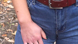 MILF Teasing Her Big Cameltoe in Blue Jeans Outdoors