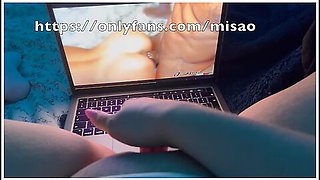 Playing with my heavy tits and masturbating to a wild gangbang