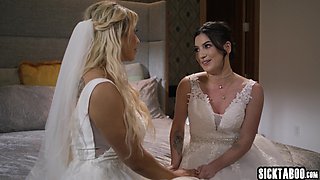 Steamy girl-girl brides gets plumbed rock-hard