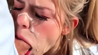 Brunette balcony blowjob, blonde schoolgirl facial