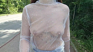 I Walk Around the City in a Transparent T-shirt and Flash My Breasts Outdoor